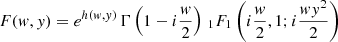 $$ \begin{aligned} F({ w},{ y}) = e^{h({ w},{ y})}\,\Gamma \left(1-i\frac{{ w}}{2}\right)\, _1F_1\left( i\frac{{ w}}{2},1;i\frac{{ wy}^2}{2} \right) \end{aligned} $$