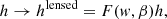 $$ \begin{aligned} h \rightarrow h^\mathrm{lensed} = F({ w}, \beta ) h, \end{aligned} $$