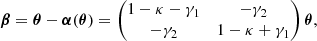 $$ \begin{aligned} \boldsymbol{\beta }= \boldsymbol{\theta } - \boldsymbol{\alpha }(\boldsymbol{\theta }) = \begin{pmatrix} 1-\kappa -\gamma _1&-\gamma _2 \\ -\gamma _2&1-\kappa +\gamma _1 \end{pmatrix} \boldsymbol{\theta }, \end{aligned} $$