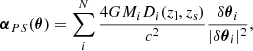 $$ \begin{aligned} \boldsymbol{\alpha }_{PS}(\boldsymbol{\theta })=\sum _i^N\frac{4GM_iD_i(z_{\rm l},z_{\rm s})}{c^2}\frac{\delta \boldsymbol{\theta }_i}{|\delta \boldsymbol{\theta }_i|^2}, \end{aligned} $$