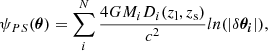 $$ \begin{aligned} \psi _{PS}(\boldsymbol{\theta })=\sum _i^N\frac{4GM_iD_i(z_{\rm l},z_{\rm s})}{c^2}ln(|\delta \boldsymbol{\theta _i}|), \end{aligned} $$