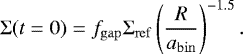 \begin{equation*}\Sigma(t=0) = f_{\mathrm{gap}} \Sigma_{\mathrm{ref}} \left( \frac{R}{a_{\mathrm{bin}}} \right)^{-1.5}. \end{equation*}