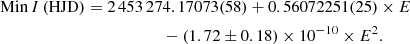 $$ \begin{aligned} \mathrm{Min}\,I\,\mathrm{(HJD)}&=2\,453\,274.17073(58)+0.56072251(25) \times E \nonumber \\&\qquad \qquad \qquad -(1.72\pm 0.18)\times 10^{-10} \times E^2.\end{aligned} $$