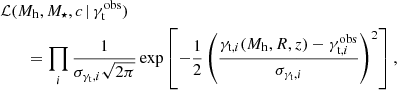 $$ \begin{aligned}&\mathcal{L} (M_{\mathrm{h} }, M_{\star }, c \, \vert \, \gamma _{\mathrm{t} }^{\mathrm{obs} }) \nonumber \\&\qquad = \prod _{i} \frac{1}{\sigma _{\gamma _{\mathrm{t} }, i} \sqrt{2 \pi }} \exp \left[-\frac{1}{2} \left(\frac{\gamma _{\mathrm{t} , i} (M_{\mathrm{h} }, R, z) - \gamma _{\mathrm{t} , i}^{\mathrm{obs} }}{\sigma _{\gamma _{\mathrm{t} }, i}}\right)^{2} \right], \end{aligned} $$