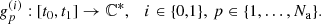$$ \begin{aligned} g^{(i)}_p: [t_0,t_1]\rightarrow {\mathbb{C} }^*, \quad i \in \{0,1\},\, p\in \{1,\ldots ,N_{\rm a}\}. \end{aligned} $$