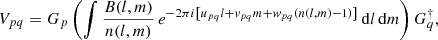 $$ \begin{aligned} V_{pq} = G_p \left(\int \frac{B(l,m)}{n(l,m)}\, e^{-2\pi i\left[u_{pq}l+v_{pq}m+w_{pq}(n(l,m)-1)\right]}\, \mathrm{d}l\,\mathrm{d}m \right) G_q^\dagger , \end{aligned} $$
