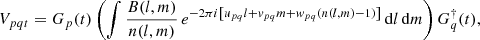 $$ \begin{aligned} V_{pqt} = G_p(t)\left( \int \frac{B(l,m)}{n(l,m)} \, e^{-2\pi i\left[u_{pq}l+v_{pq}m+w_{pq}(n(l,m)-1)\right]}\, \mathrm{d}l\,\mathrm{d}m \right) G_q^\dagger (t) , \end{aligned} $$