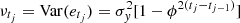 $ \nu_{t_j}={\rm Var}(e_{t_j})=\sigma_y^2 [1-\phi^{2(t_j-t_{j-1})}] $