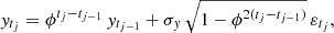 $$ \begin{aligned} y_{t_j}=\phi ^{t_j-t_{j-1}} \, y_{t_{j-1}} + \sigma _y \, \sqrt{1-\phi ^{2(t_j-t_{j-1})}} \, \varepsilon _{t_j}, \end{aligned} $$