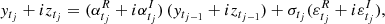 $$ \begin{aligned} y_{t_j}+ i z_{t_j}= (\alpha _{t_j}^{R} + i \alpha _{t_j}^{I}) \, (y_{t_{j-1}} + i z_{t_{j-1}}) + \sigma _{t_j}(\varepsilon _{t_j}^R + i \varepsilon _{t_j}^I), \end{aligned} $$