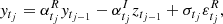 $$ \begin{aligned} y_{t_j} = \alpha _{t_j}^{R}y_{t_{j-1}} - \alpha _{t_j}^{I}z_{t_{j-1}} + \sigma _{t_j}\varepsilon _{t_j}^R , \end{aligned} $$
