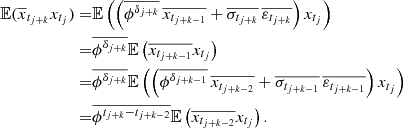 $$ \begin{aligned} \mathbb{E} (\overline{x}_{t_{j+k}}x_{t_j}) =&\mathbb{E} \left(\left(\overline{\phi ^{\delta _{j+k}}} \, \overline{x_{t_{j+k-1}}} + \overline{\sigma _{t_{j+k}}} \, \overline{\varepsilon _{t_{j+k}}}\right)x_{t_j} \right)\\ =&\overline{\phi ^{\delta _{j+k}}}\mathbb{E} \left(\overline{x_{t_{j+k-1}}} x_{t_j} \right)\\ =&\overline{\phi ^{\delta _{j+k}}}\mathbb{E} \left(\left(\overline{\phi ^{\delta _{j+k-1}}} \, \overline{x_{t_{j+k-2}}} + \overline{\sigma _{t_{j+k-1}}} \, \overline{\varepsilon _{t_{j+k-1}}}\right) x_{t_j} \right)\\ =&\overline{\phi ^{t_{j+k}-t_{j+k-2}}}\mathbb{E} \left(\overline{x_{t_{j+k-2}}}x_{t_j} \right). \end{aligned} $$