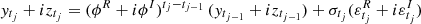 $ y_{t_j}+ i z_{t_j}= (\phi^R + i \phi^I)^{t_j-t_{j-1}} \, (y_{t_{j-1}} + i z_{t_{j-1}}) + \sigma_{t_j}(\varepsilon_{t_j}^R + i \varepsilon_{t_j}^I) $
