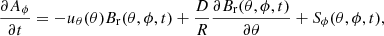 $$ \begin{aligned} \frac{\partial A_\phi }{\partial t}=-u_\theta (\theta ) B_{\rm r}(\theta ,\phi ,t)+\frac{D}{R}\frac{\partial B_{\rm r}(\theta ,\phi ,t)}{\partial \theta }+S_\phi (\theta ,\phi ,t) , \end{aligned} $$