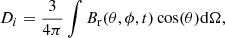 $$ \begin{aligned} D_i=\frac{3}{4\pi }\int B_{\rm r}(\theta ,\phi ,t)\cos (\theta )\mathrm{d}\Omega , \end{aligned} $$