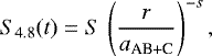 \begin{equation*} S_{4.8}(t) = S\,\left(\frac{r}{a_{\textrm{AB&#x002B;C}}}\right)^{-s} ,\end{equation*}