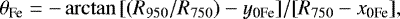 \begin{equation*}\theta_{\textrm{Fe}}=-\arctan{[(R_{950}/R_{750})-y_{\textrm{0Fe}}]/[R_{750}-x_{\textrm{0Fe}}]}, \end{equation*}