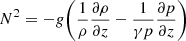 $$ \begin{aligned} N^2=-g\Bigg (\frac{1}{\rho }\frac{\partial \rho }{\partial z}-\frac{1}{\gamma p}\frac{\partial p}{\partial z}\Bigg ) \end{aligned} $$