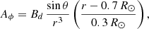 $$ \begin{aligned} A_{\phi } = B_d\,\frac{\sin \theta }{r^3}\left(\frac{r - 0.7\,R_\odot }{0.3\,R_\odot }\right) , \end{aligned} $$