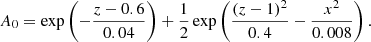 $$ \begin{aligned} A_0 = \exp \left(-\frac{z-0.6}{0.04}\right) + \frac{1}{2}\exp \left(\frac{(z-1)^2}{0.4} - \frac{x^2}{0.008}\right) . \end{aligned} $$