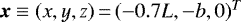 $\vec{x}\equiv (x,y,z)\,{=}\,(-0.7L,-b,0)^T$