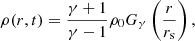 $$ \begin{aligned} \rho (r,t) = \dfrac{\gamma +1}{\gamma -1} \rho _0 G_{\gamma }\left( \dfrac{r}{r_{\mathrm{s}}} \right) , \end{aligned} $$
