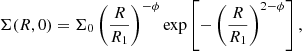 $$ \begin{aligned} \Sigma (R,0) = \Sigma _0 \left(\dfrac{R}{R_1}\right)^{-\phi } \exp \left[-\left(\dfrac{R}{R_1}\right)^{2-\phi } \right], \end{aligned} $$