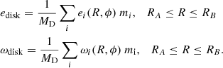 $$ \begin{aligned}&e_{\mathrm{disk}} = \dfrac{1}{M_{\mathrm{D}}} \sum \limits _{{i}} e_{{i}}(R,\phi )~ m_{{i}} ,\quad R_A \le R \le R_B\nonumber \\&\omega _{\mathrm{disk}} = \dfrac{1}{M_{\mathrm{D}}} \sum \limits _{{i}} \omega _{{i}}(R,\phi )~ m_{\mathrm{i}},\quad R_A \le R \le R_B. \end{aligned} $$