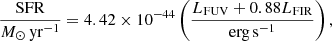 $$ \begin{aligned} \frac{{\mathrm{SFR}}}{M_\odot \,\mathrm{yr}^{-1}}=4.42\times 10^{-44}\left(\frac{L_{\rm FUV}+0.88L_{\rm FIR}}{\mathrm{erg}\,\mathrm{s}^{-1}}\right), \end{aligned} $$