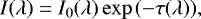 \begin{equation*}I(\lambda) = I_0(\lambda) \exp{(-\tau(\lambda))} ,\end{equation*}