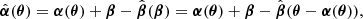 $$ \begin{aligned} {\hat{\boldsymbol{\alpha }}}({\boldsymbol{\theta }}) = \boldsymbol{\alpha }({\boldsymbol{\theta }}) + \boldsymbol{\beta } - {\hat{\boldsymbol{\beta }}}(\boldsymbol{\beta }) = \boldsymbol{\alpha }({\boldsymbol{\theta }}) + \boldsymbol{\beta } - {\hat{\boldsymbol{\beta }}}({\boldsymbol{\theta }} - \boldsymbol{\alpha }({\boldsymbol{\theta }})) , \end{aligned} $$