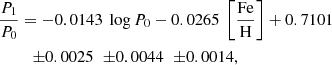 $$ \begin{aligned} \frac{P_{1}}{P_{0}}&= -0.0143~\log P_{0}-0.0265~\left[\frac{\mathrm{Fe}}{\mathrm{H}}\right]+0.7101 \\&\quad {\pm }0.0025 \;\; {\pm }0.0044 \;\; {\pm }0.0014, \nonumber \end{aligned} $$