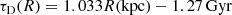 $$ \begin{aligned} \tau _{\rm D}(R) = 1.033 R(\mathrm{kpc}) - 1.27\,\mathrm{Gyr} \end{aligned} $$
