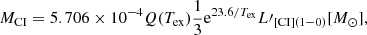 $$ \begin{aligned} M_{\mathrm{CI} }=5.706\times 10^{-4}Q(T_{\mathrm{ex} }) \frac{1}{3}\mathrm{e} ^{23.6/T_{\mathrm{ex} }}L\prime _{\mathrm{[CI]} (1-0)}[{M}_\odot ], \end{aligned} $$