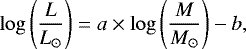 \begin{equation*}\mathrm{log} \left(\frac{L}{L_{\odot}} \right) = a \times \mathrm{log} \left( \frac{M}{M_{\odot}} \right) - b , \end{equation*}