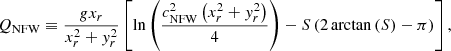 $$ \begin{aligned} Q_{\mathrm{NFW} }\equiv \frac{{g}x_r}{x_r^{2}+{ y}_r^{2}} \left[ \ln \left(\frac{c_\mathrm{NFW} ^{2}\left(x_r^{2}+{ y}_r^{2}\right)}{4}\right) -S\left(2\arctan \left(S\right) - \pi \right) \right], \end{aligned} $$