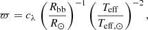 $$ \begin{aligned} \varpi = c_{\lambda } \, \left(\frac{R_{\rm bb}}{R_{\rm \odot }} \right)^{-1} \left(\frac{T_{\rm eff}}{T_{\rm eff, \odot }} \right)^{-2}, \end{aligned} $$