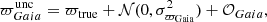$$ \begin{aligned} \varpi _{ Gaia}^\mathrm{unc}&= \varpi _{\rm true} + \mathcal{N} (0, \sigma _{\rm \varpi _{ Gaia}}^2) + \mathcal{O} _{ Gaia}, \end{aligned} $$