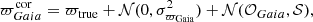 $$ \begin{aligned} \varpi _{ Gaia}^\mathrm{cor}&= \varpi _{\rm true} + \mathcal{N} (0, \sigma _{\rm \varpi _{ Gaia}}^2) + \mathcal{N} (\mathcal{O} _{ Gaia}, \mathcal{S} ), \end{aligned} $$