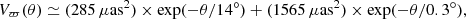 $$ \begin{aligned} V_\varpi (\theta ) \simeq (285 \, \mu \mathrm{as}^2)\times \exp (-\theta /14^\circ ) + (1565 \, \mu \mathrm{as}^2)\times \exp (-\theta /0.3^\circ ), \end{aligned} $$