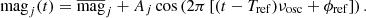 $$ \begin{aligned} \mathrm{mag} _j(t) = \overline{\mathrm{mag} }_j + A_{j} \cos \left(2\pi \left[(t-T_{\mathrm{ref} }) \nu _\mathrm{osc} +\phi _{\mathrm{ref} }\right] \right). \end{aligned} $$