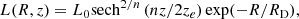$$ \begin{aligned} L(R,z)=L_{0}{\mathrm{sech}}^{2/n}\left(nz/2z_{e}\right)\exp (-R/R_{\rm D}) , \end{aligned} $$