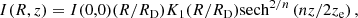 $$ \begin{aligned} I(R,z)=I(0,0)(R/R_{\rm D})K_1(R/R_{\rm D}){\mathrm{sech}}^{2/n}\left(nz/2z_{\rm e}\right), \end{aligned} $$