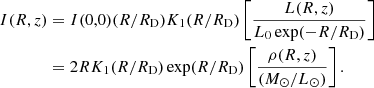 $$ \begin{aligned} I(R,z)&= I(0,0)(R/R_{\rm D})K_{1}(R/R_{\rm D})\left[\frac{L(R,z)}{L_{0}\exp (-R/R_{\rm D})}\right] \nonumber \\&= 2RK_{1}(R/R_{\rm D})\exp (R/R_{\rm D})\left[\frac{\rho (R,z)}{(M_{\odot }/L_{\odot })}\right]. \end{aligned} $$