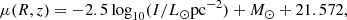 $$ \begin{aligned} \mu (R,z)=-2.5\,{\log _{10}(I/L_{\odot }\mathrm{pc}^{-2})+M_{\odot }+21.572}, \end{aligned} $$