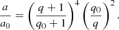 $$ \begin{aligned} \frac{a}{a_0}=\left(\frac{q+1}{q_0+1}\right)^4 \left(\frac{q_0}{q}\right)^{2} . \end{aligned} $$