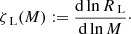 $$ \begin{aligned} \zeta _\text{ L}(M):=\frac{\mathrm{d} \ln R_\text{ L}}{\mathrm{d} \ln M}\cdot \end{aligned} $$