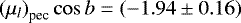 ${(\mu_l)}_{\textrm{pec}} \cos b = (-1.94 \pm 0.16)$