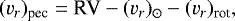 \begin{equation*} ({v_r})_{\textrm{pec}} = \textrm{RV} - ({v_r})_{\odot} - ({v_r})_{\textrm{rot}} ,\end{equation*}