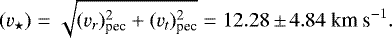 \begin{equation*} (v_{\star}) = \sqrt{({v_r})_{\textrm{pec}}^2 + ({v_t})_{\textrm{pec}}^2} = 12.28\,{\pm}\,4.84 \textrm{ km s}^{-1} .\end{equation*}